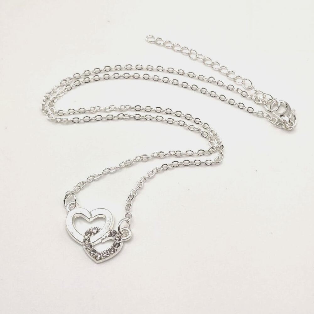 Silver Hearts Necklace w/ White CZ Diamonds Pendant Valentines Birthday NEW!